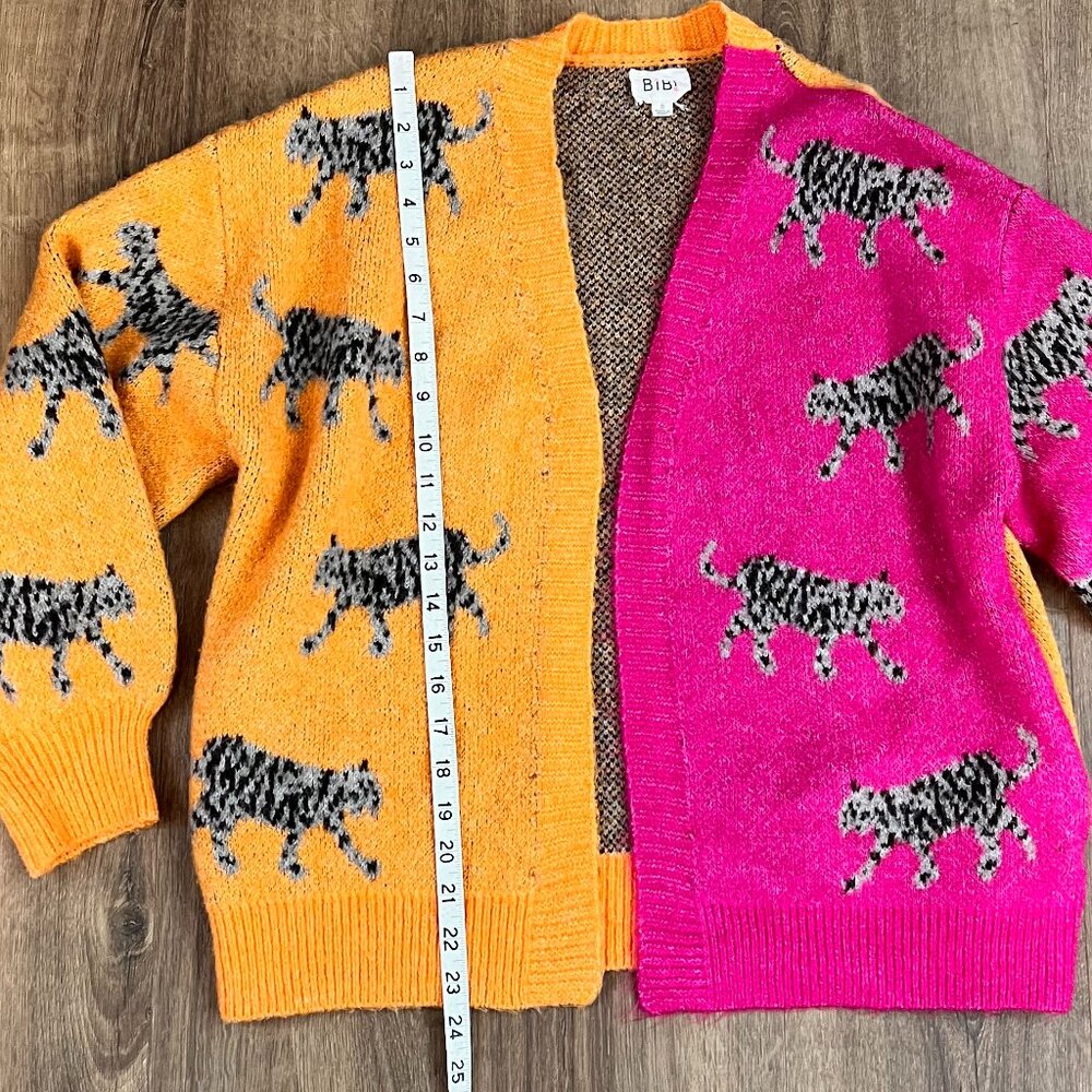 Bibi Cheetah Tiger Animal Cozy Bright Pink Orange Cardigan Sz S - Picture 8 of 11